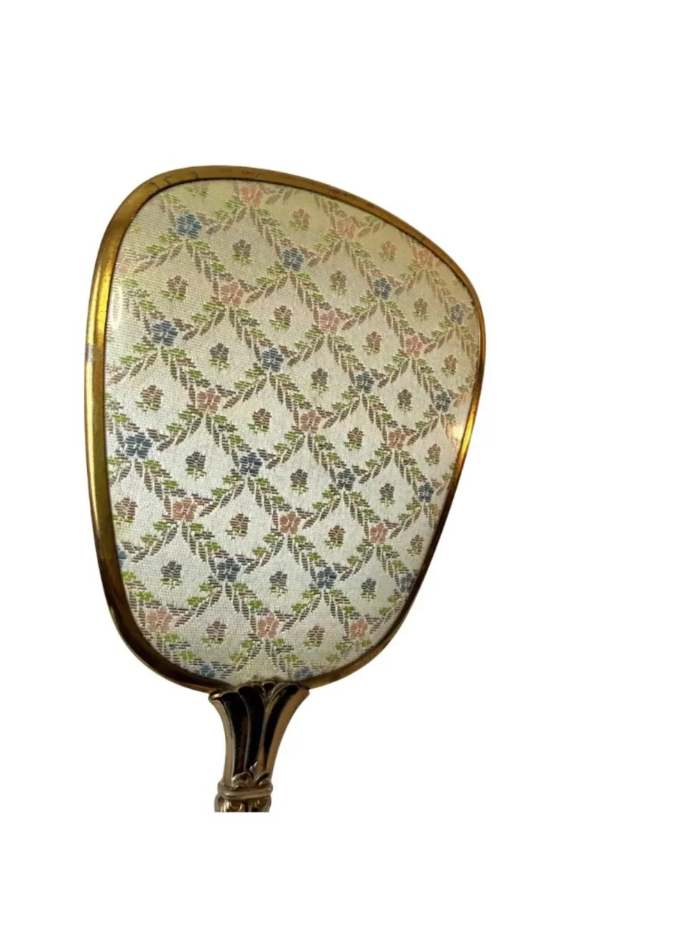 Vanity Hand Mirror Boudoir Decor Blue Floral VTG Brass Tone Hollywood Regency